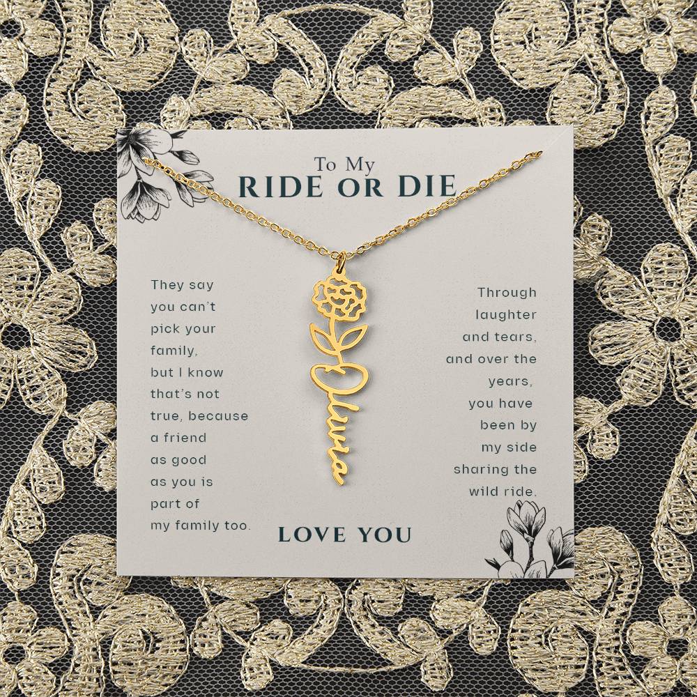 To My Ride Or Die Best Friend Personalized Birthflower Month Name Necklace, Custom Birthday Gift for Her, Bridesmaid Floral Name Necklace