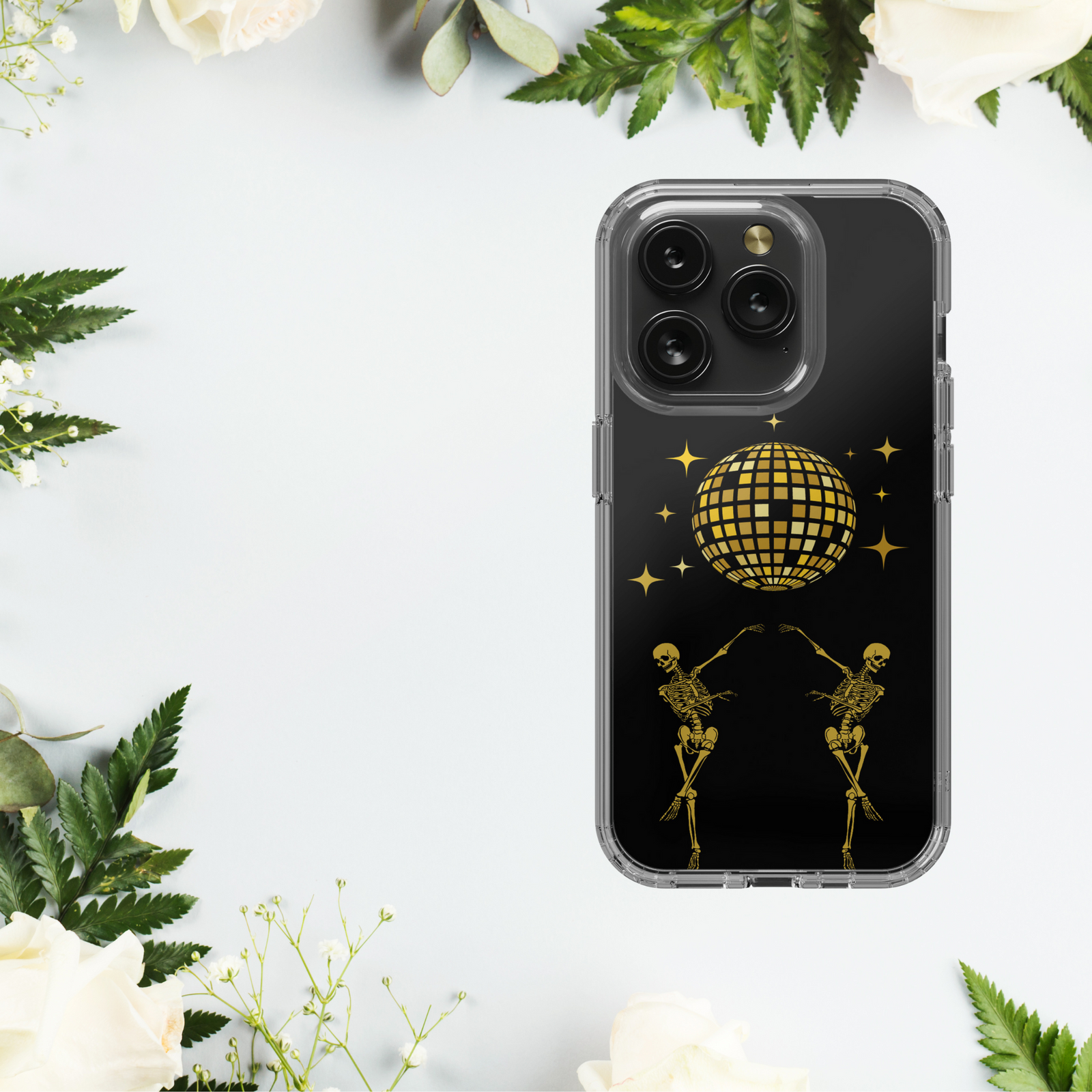 Dancing Skeleton Clear iPhone 15 Pro Case, Disco Ball Art Trendy Phone Cases, Birthday Gift for Bestie, Dark Acadamia, Spooky Gifts for Her