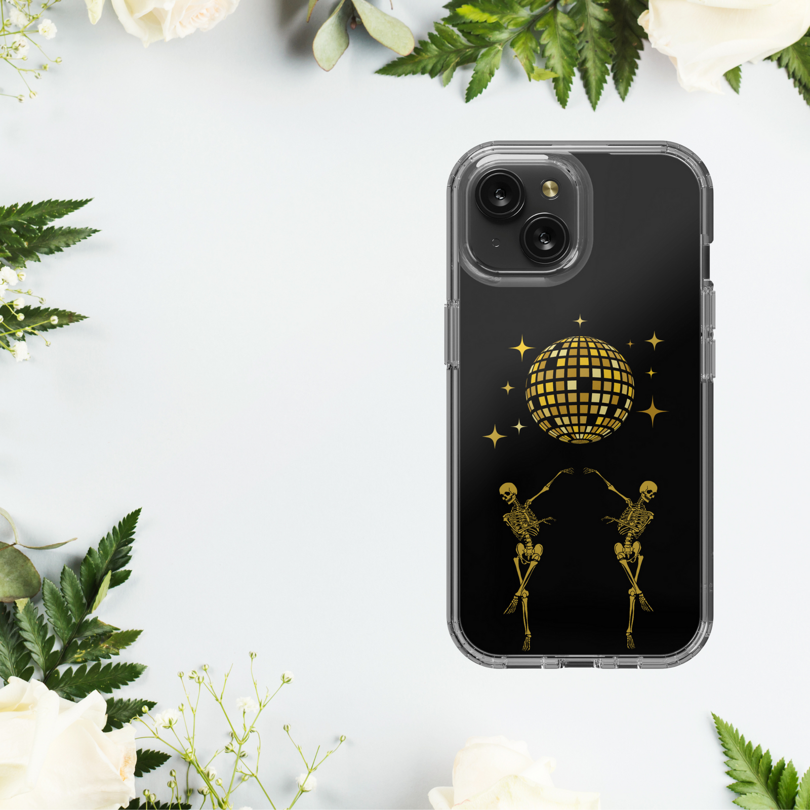 Dancing Skeleton Clear iPhone 15 Case, Disco Ball Art Trendy Phone Cases, Birthday Gift for Bestie, Dark Acadamia, Spooky Gifts for Her