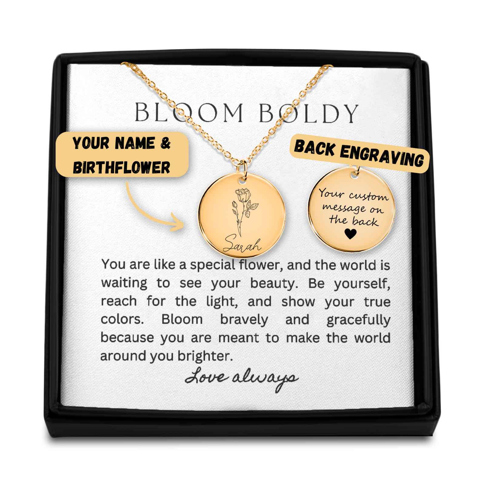Personalized Bloom Birthflower Name Necklace, Gift For Friend