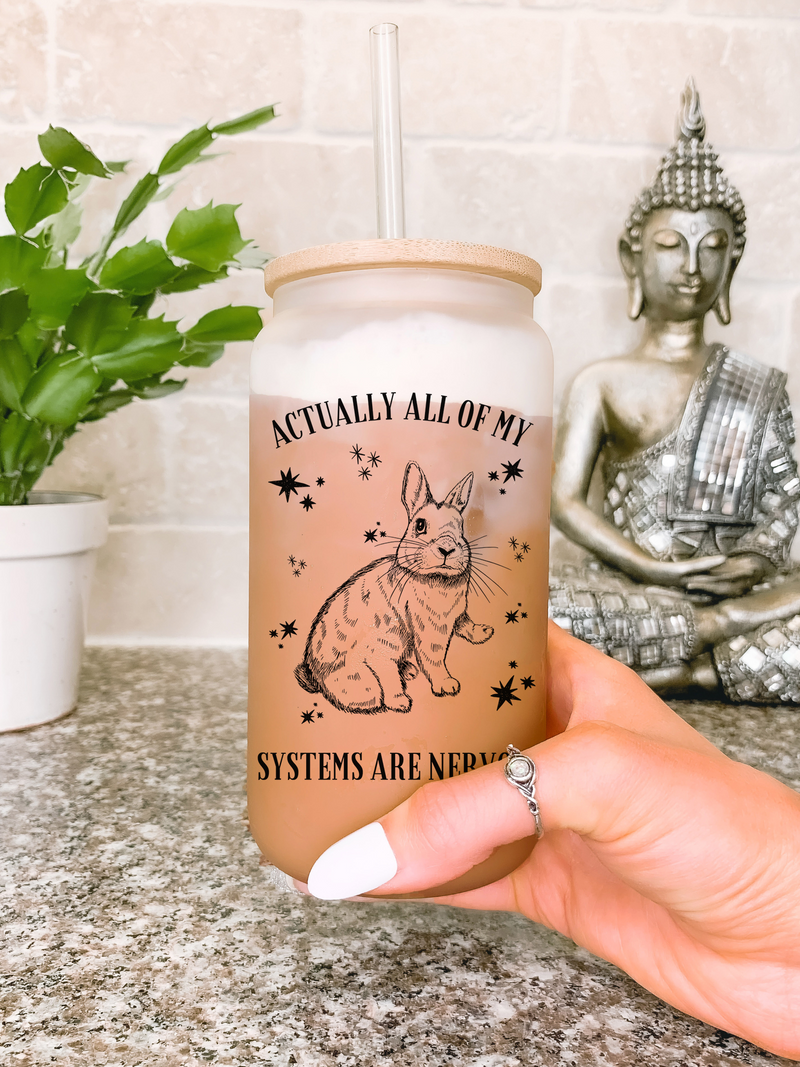 Actually All Of My Systems Are Nervous Glass Mug Tumbler, Funny Mental Health Gift for Her,t Anxiety Gifts, Coquette Fairycore Weirdcore