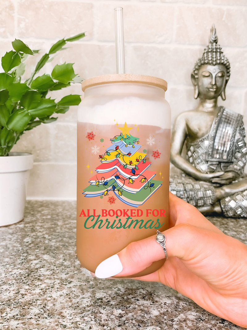 All Booked For Christmas Glass Mug, Gift for Librarian, Bookworm Christmas Mug, Christmas Book Tree Cup, Book Lovers Gift for Her