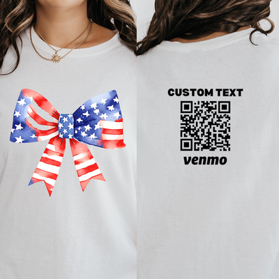 Personalized Pink Bow Coquette Shirt, 4Th Of July Shirts, American Flag Shirt, Custom QR Code Tee, Gift for Her, Gift for Girls