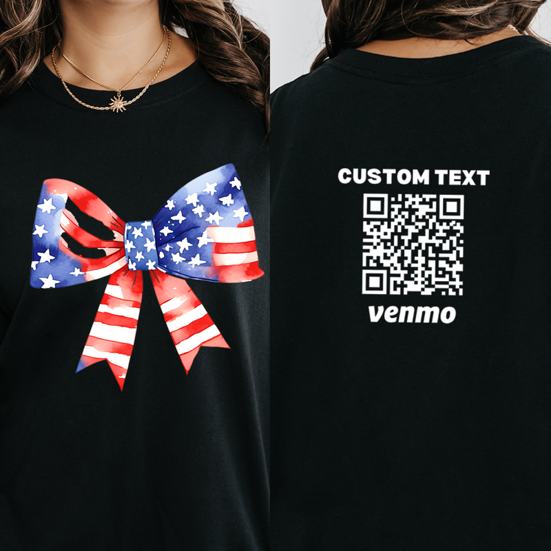 Personalized Pink Bow Coquette Shirt, 4Th Of July Shirts, American Flag Shirt, Custom QR Code Tee, Gift for Her, Gift for Girls