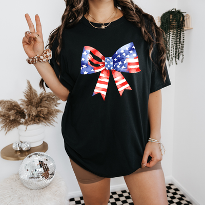 Personalized Pink Bow Coquette Shirt, 4Th Of July Shirts, American Flag Shirt, Custom QR Code Tee, Gift for Her, Gift for Girls