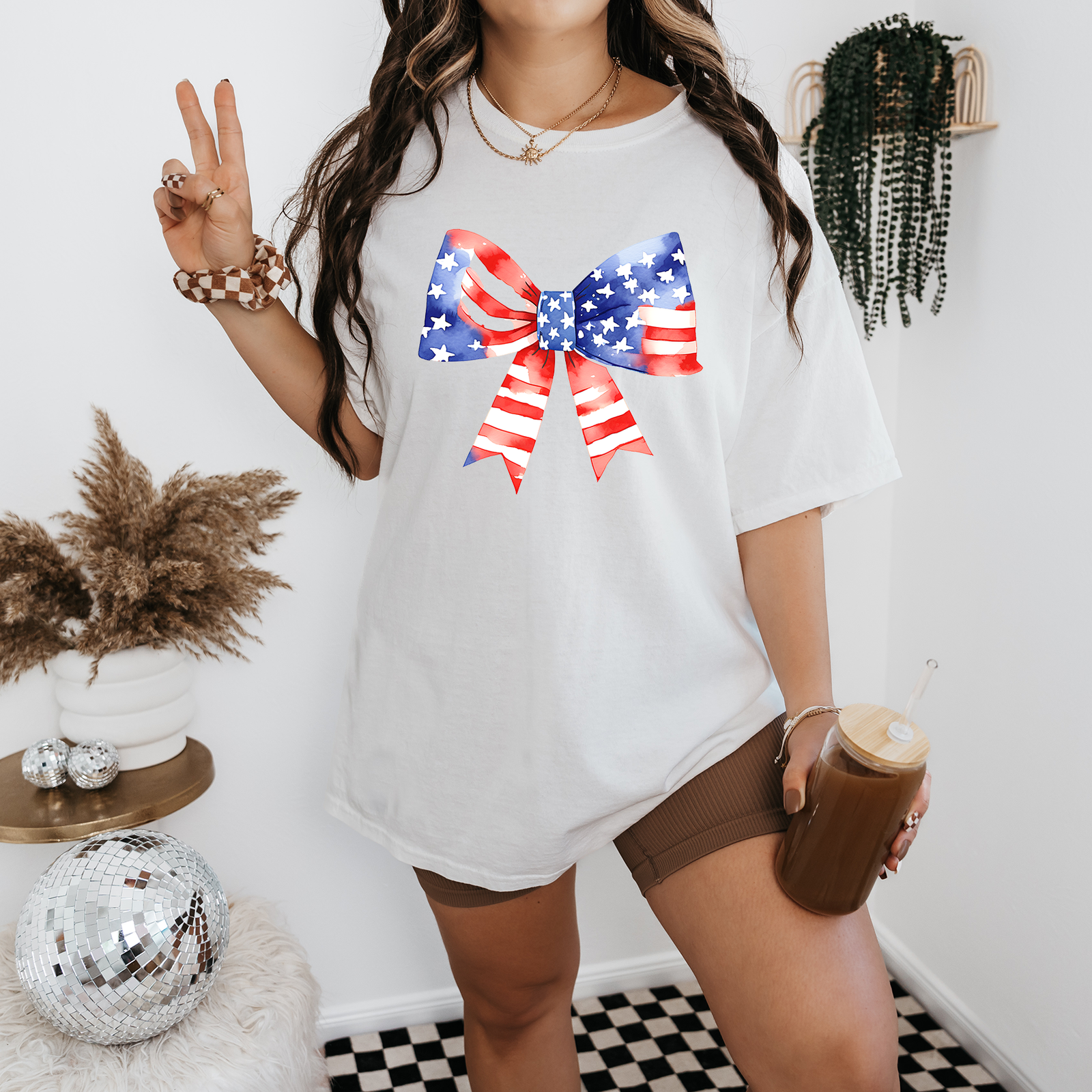 Personalized Pink Bow Coquette Shirt, 4Th Of July Shirts, American Flag Shirt, Custom QR Code Tee, Gift for Her, Gift for Girls