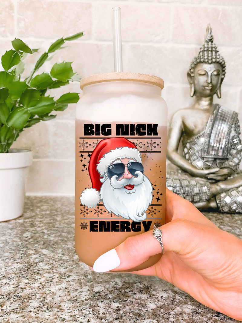 Big Nick Energy Glass Mug Tumbler, Funny Christmas Coffee Mug, Merry Christmas Coffee Cup, Santa Tumbler, Secret Santa Gifts for Her