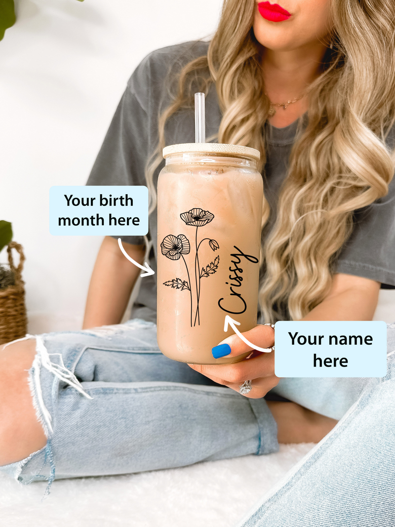 Birth Flower Personalized 16oz Glass Mug Clear with Name, Custom Birth Flower Tumbler, Bridesmaid Proposal Gifts for Her, Birthday Gift for Women