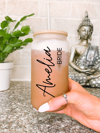 Bride and Bridesmaid Mug, Bachelorette Paty Gifts, Bachelorette Favor, Bridesmaid Proposal 16oz Glass Tumbler, Gift for Bride, Bridal Shower Travel Mug