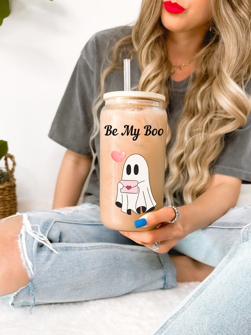 Be My Boo 16 oz Glass Mug Tumbler, Cute Valentines Day Gift for Girlfriend, Boyfriend Mugs, Funny Ghost Valentine Coffee Mug