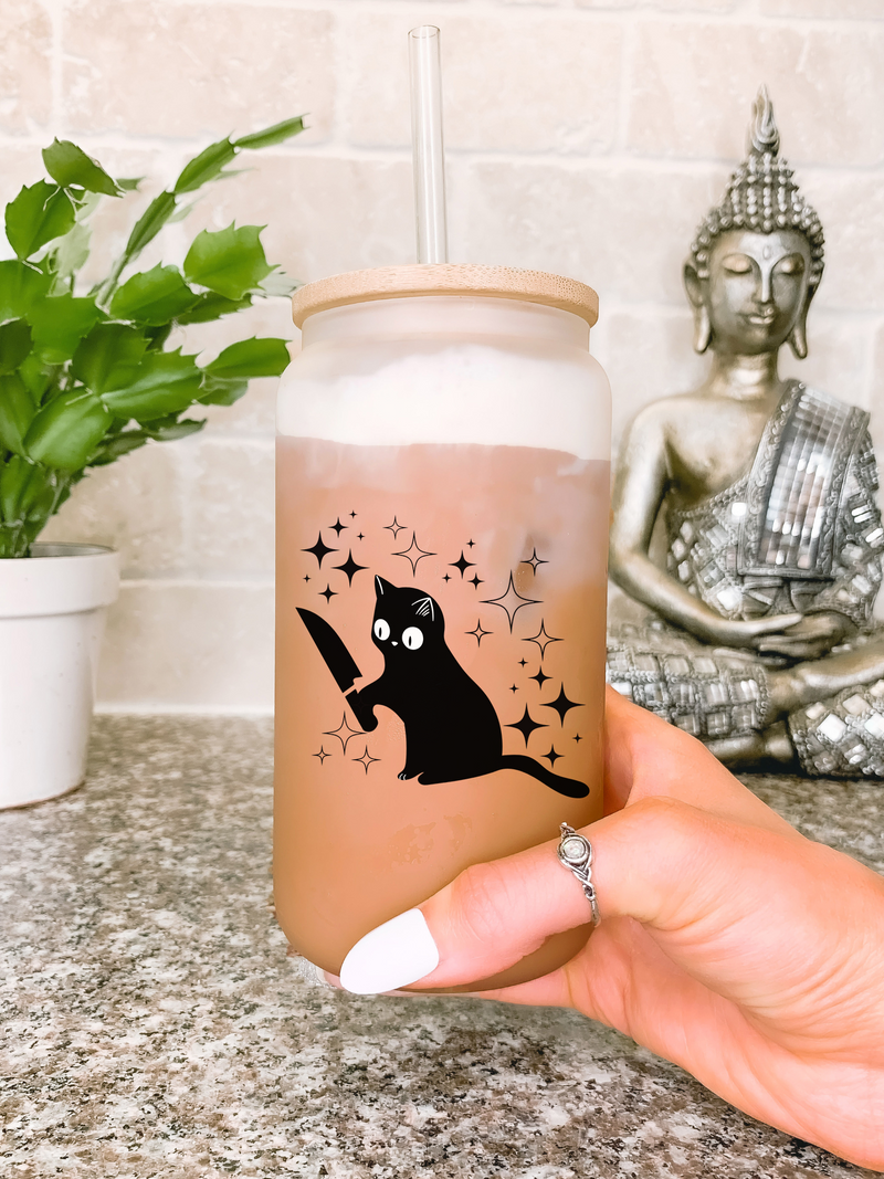 Funny Black Cat Glass Mug Tumbler, Cat Coffee Mug, Gift for Cat Mom, Cat Lovers Tumbler, Crazy Cat Lady Coffee Cup, Cat Dad Christmas Gifts