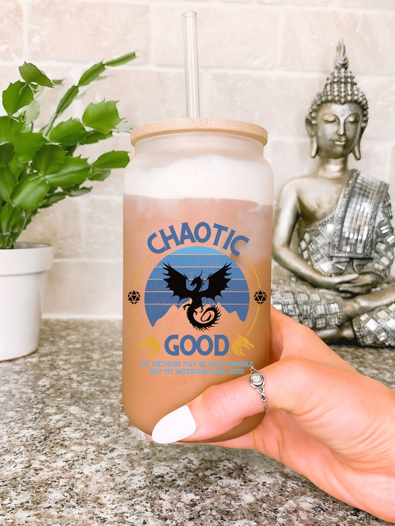 Chaotic Good DnD Glass Mug, D&D Gift for Players, 16 oz Tumbler Dungeons and Dragons Gift for Him or Her, D and D Coffee Cup