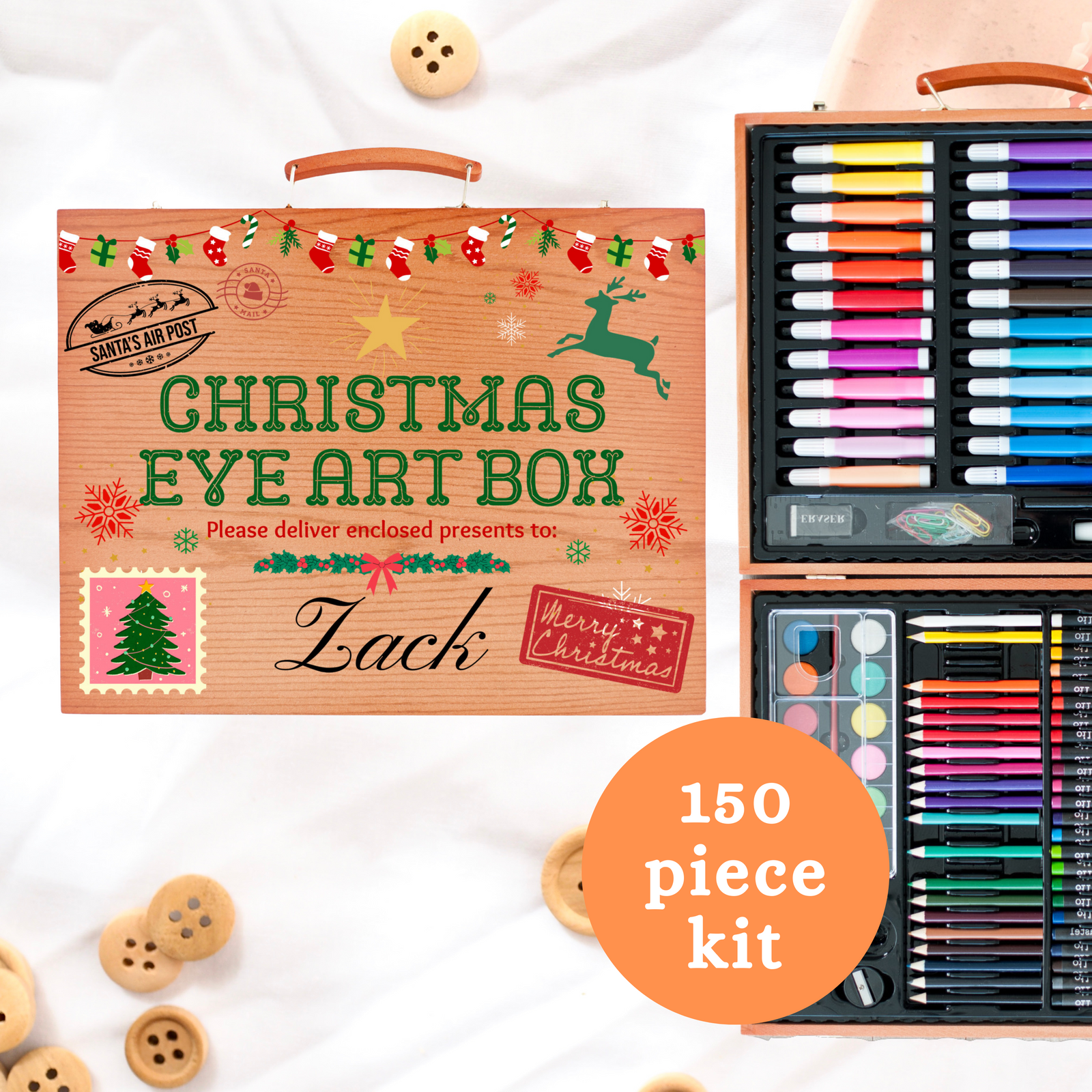 Personalized Christmas Eve Art Box, Kids Craft Box, Wooden Art Supply Case, Holiday Tradition, Christmas Box, Gift For Kids