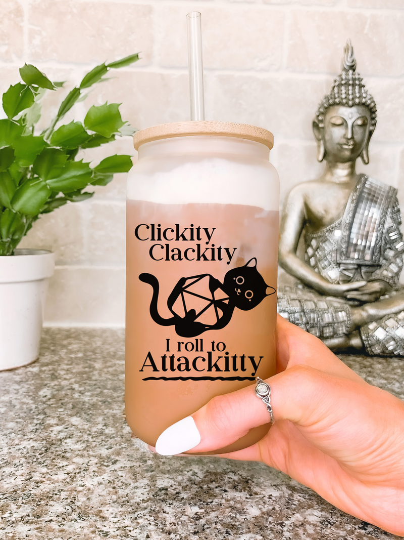 Dungeons And Dragons Clickity Clackity Glass Mug Tumbler, Dungeon Master Gift, Funny Cat Mug, Cat Lover Gift, Fantasy Tabletop Gamer Gifts