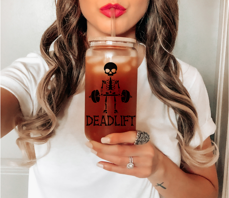 Funny Deadlift Skeleton Glass Mug Tumbler, Fitness Workout Coffee Mug, Gym Weightlifting, Bodybuilding Mug, Lifting Mug, Spooky Ghost Mugs