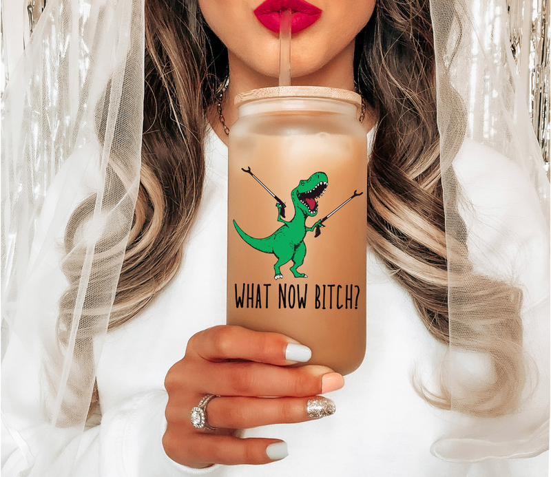 What Now Bitch Dinosaur Glass Mug Tumbler, Sarcastic Coffee Mug, Funny Gift for Bestie, T-Rex Dinosaur Mug, Sassy Gifts for Women