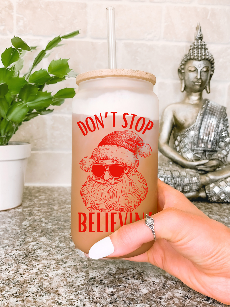 Don't Stop Believing Christmas Santa Glass Mug Tumbler, Funny Christmas Gift for Her, Winter Coffee Mug, Retro Santa Coffee Mug
