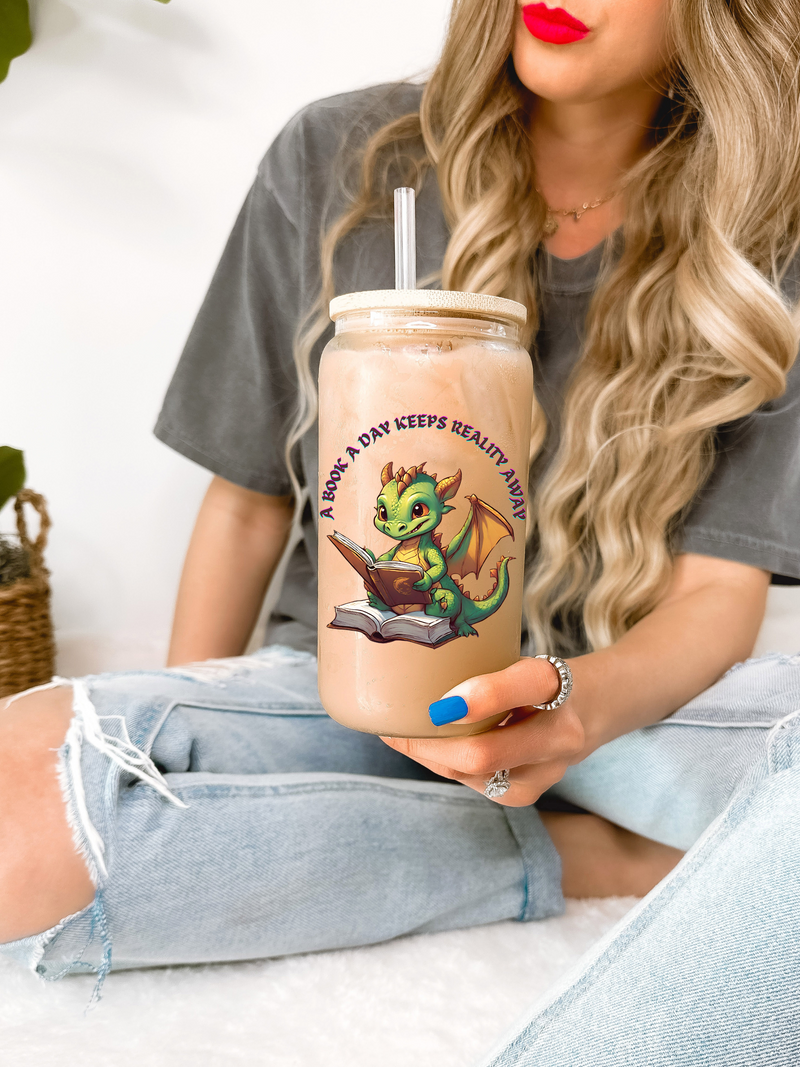 Bookish Dragon Glass Mug, Funny Reading Gifts, A Book A Day Keeps Reality Away, Fantasy Reader, Birthday Gift for Bookworm