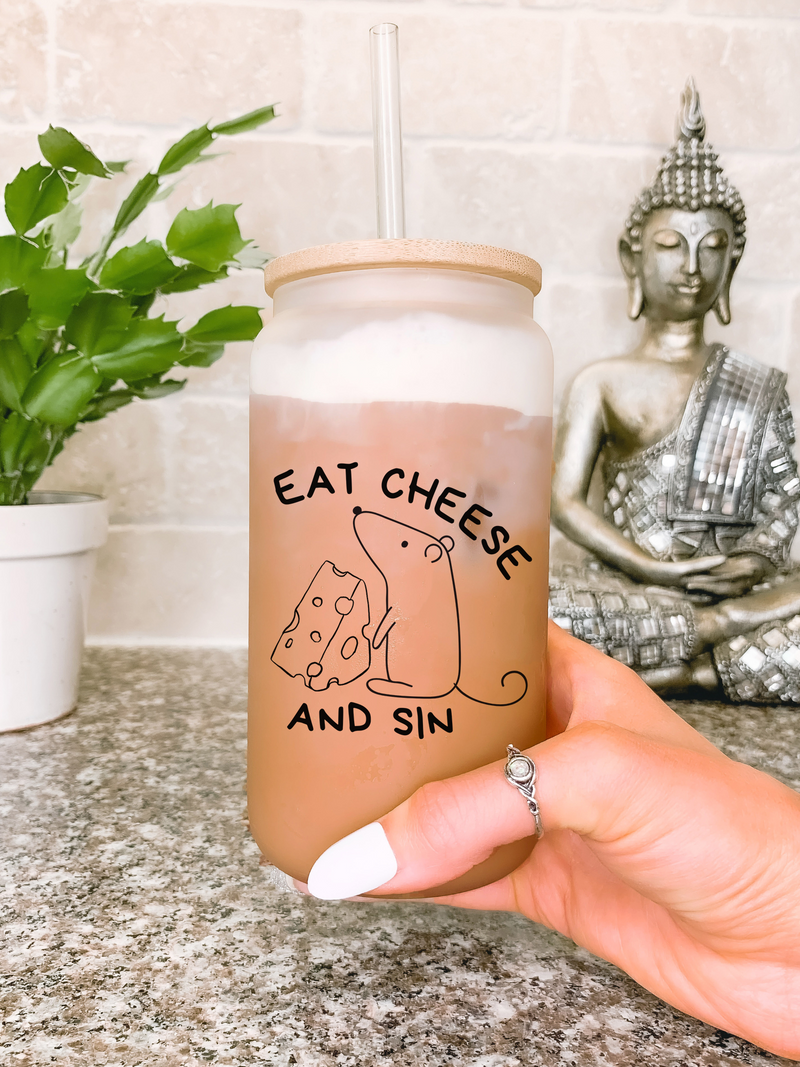 Eat Cheese and Sin Glass Mug, Cheese Lovers Mug, Funny Gift for Her, Cute Mouse Mug, Cheese Gift Ideas, Animal Coffee Cup, Snarky Coffee Mug