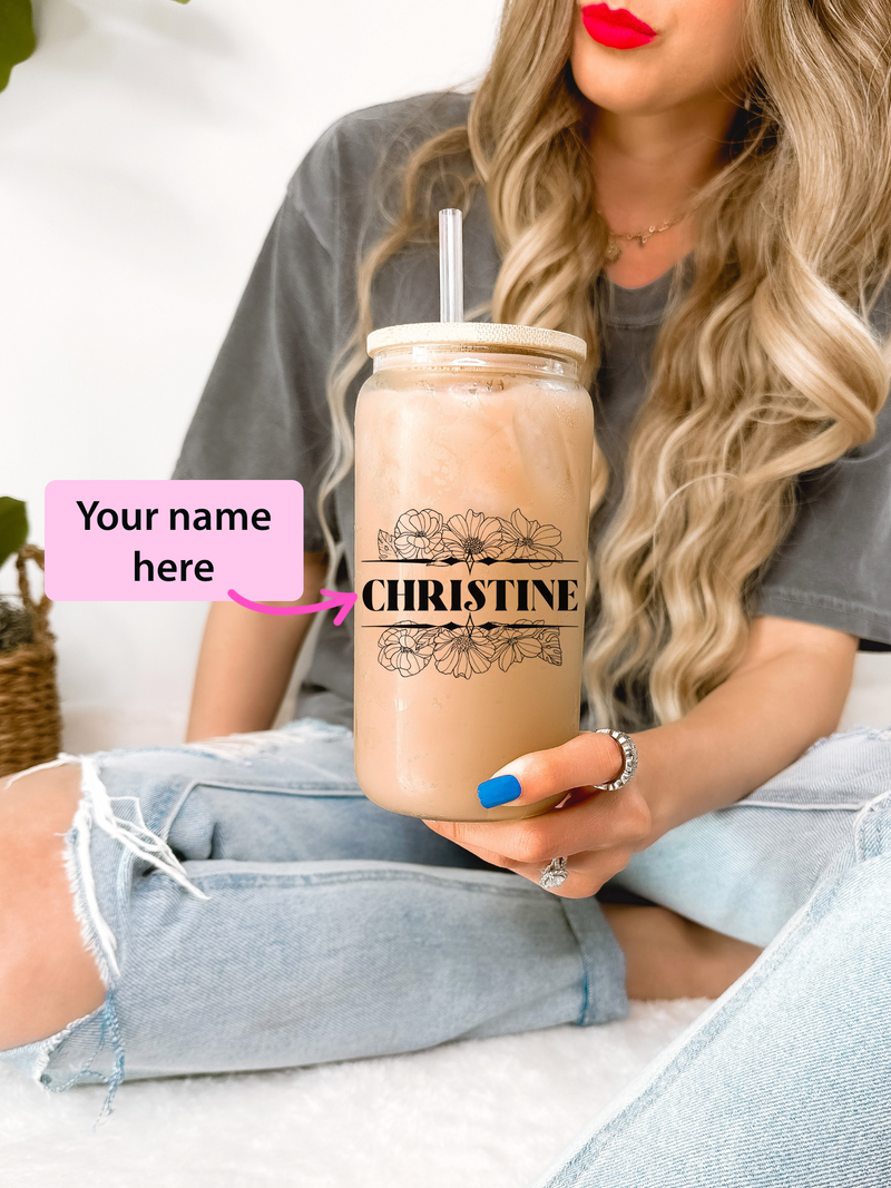 Personalized Floral Name Clear Glass Mug, Custom Name Mug, Floral Mug, Gift for Bridesmaid, Birthday Gift for Her, Custom Name Travel Mug