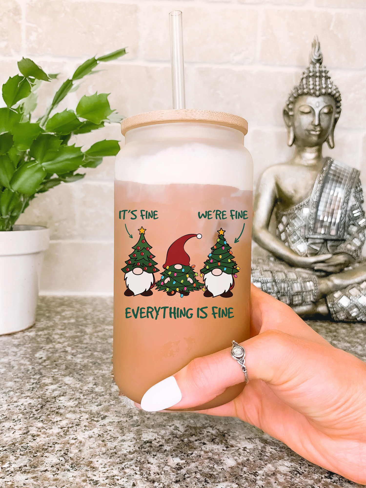 It’s Fine We’re Fine Everything Is Fine Christmas Gnomes Glass Mug Tumbler, Funny Holiday Gift, Christmas Gift for Mom, Ugly Christmas Mug