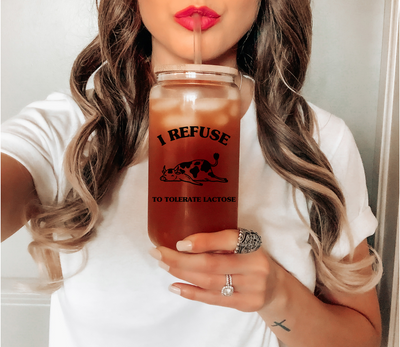 I Refuse To Tolerate Lactose Clear Glass Mug, 16 oz Funny Travel Mug, Meme Coffee Mug, Funny Birthday Gift for Friends, Cow Mug