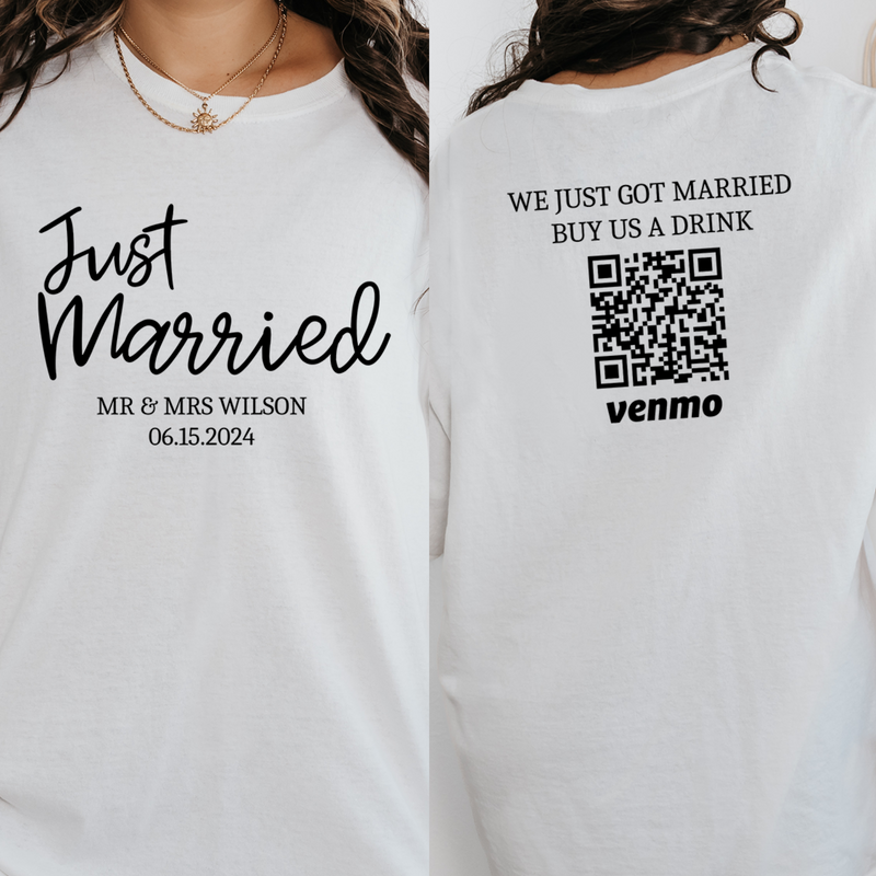 Personalized Just Married Buy Us A Drink Venmo Shirts, Custom Honeymoon Shirts. Wedding Gift for Couple, Newlywed Shirts, Mr and Mrs Shirt