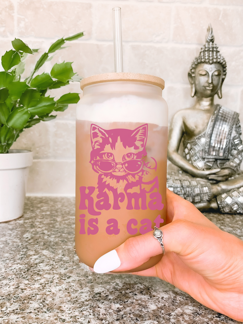 Karma Is a Cat Glass Mug Tumbler, Funny Christmas Cat Coffee Mug, Cat Christmas Mug, Cat Lover Christmas Gift for Her