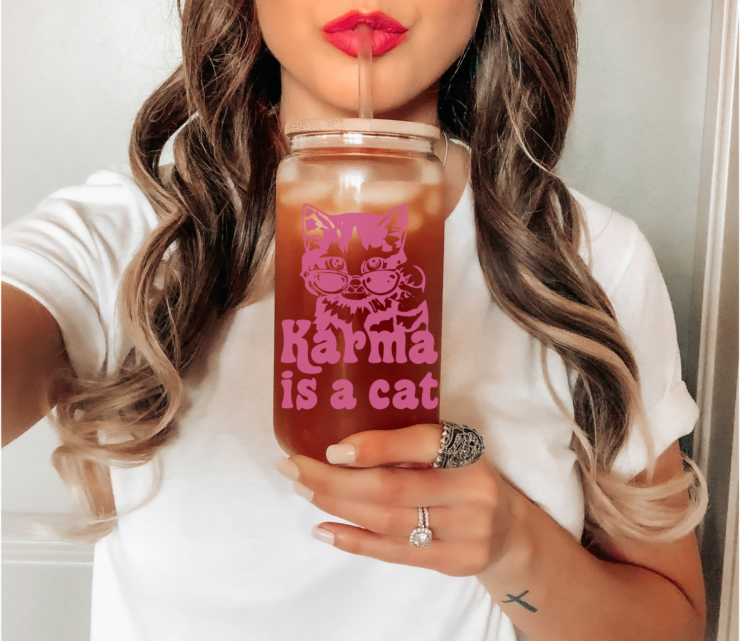 Karma Is a Cat Glass Mug Tumbler, Funny Christmas Cat Coffee Mug, Cat Christmas Mug, Cat Lover Christmas Gift for Her