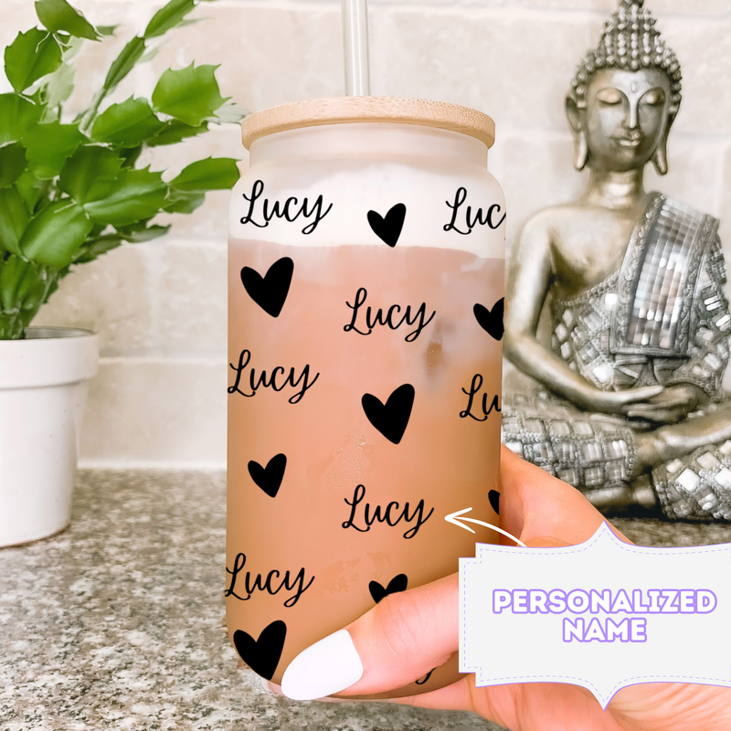 Personalized Hearts Glass Cup, Beer Can Glass with Lid & Straw, Custom Name Can Glass Tumbler, Customized Gift for Her, Aesthetic Glass Can