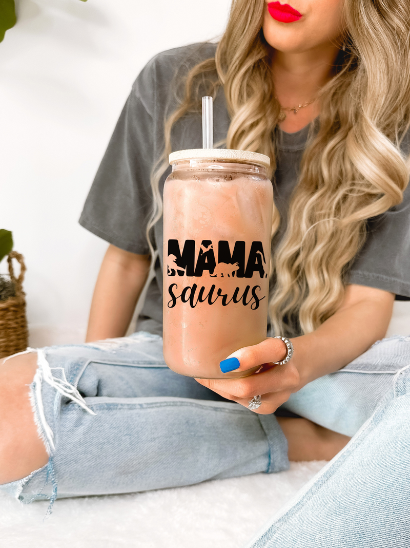 Mamasaurus Glass Mug, Dinosaur Tumbler 16oz Travel Mug, Funny Mothers Day Birthday Gift for Mom, New Mom Baby Shower Gift for Her