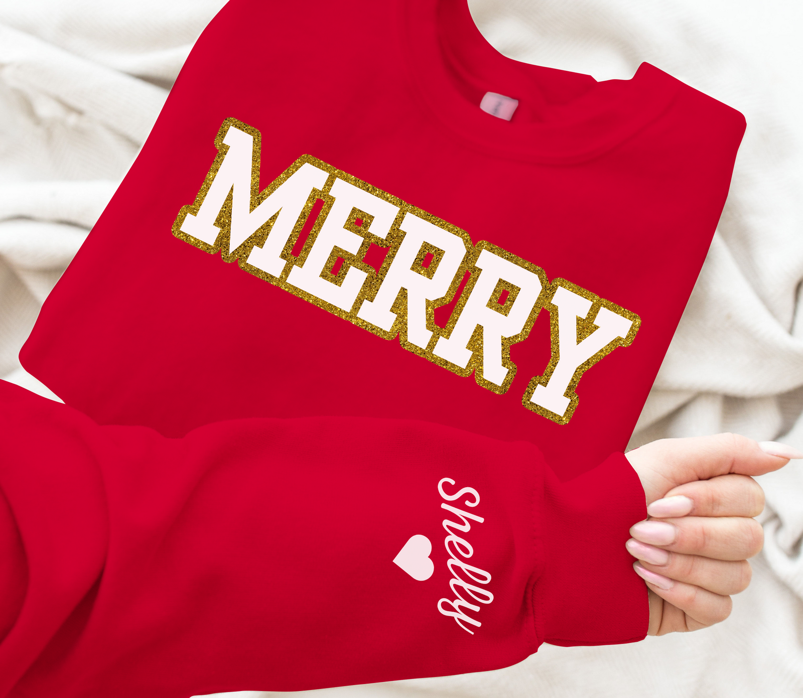 Personalized Merry Sweatshirt, Winter Sweatshirt with Nams On Sleeve, Trendy Christmas Sweater, Custom Gift for Best Friend, Mom, Girlfriend
