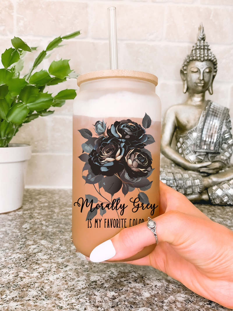 Morally Grey Glass Mug Tumbler, 16 oz Glass Mug for Fantasy Book Lover, Smut Reader Gifts for Her, Bookish Gift Ideas