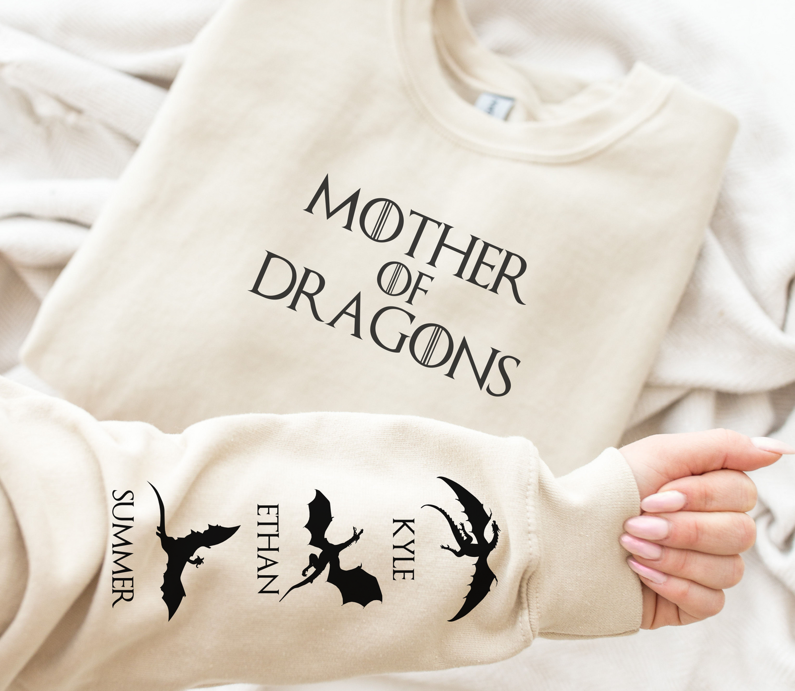 Personalized Mother of Dragons Sweatshirt, Custom Mothers Day Gift for Mom, Birthday Gift, Dragon Mama Shirt with Kids Names On Sleeve
