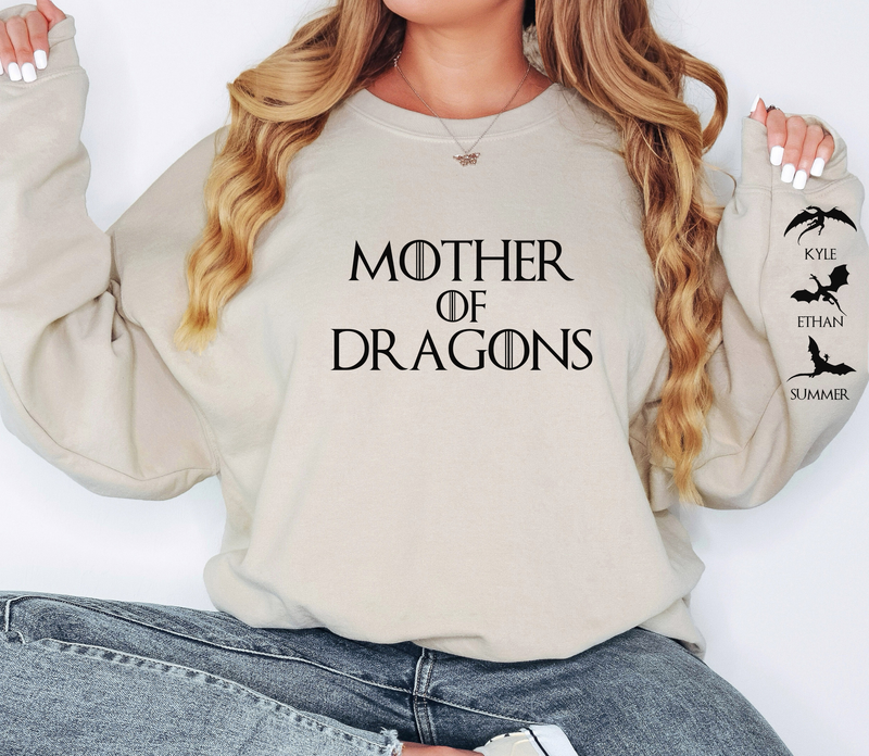 Personalized Mother of Dragons Sweatshirt, Custom Mothers Day Gift for Mom, Birthday Gift, Dragon Mama Shirt with Kids Names On Sleeve