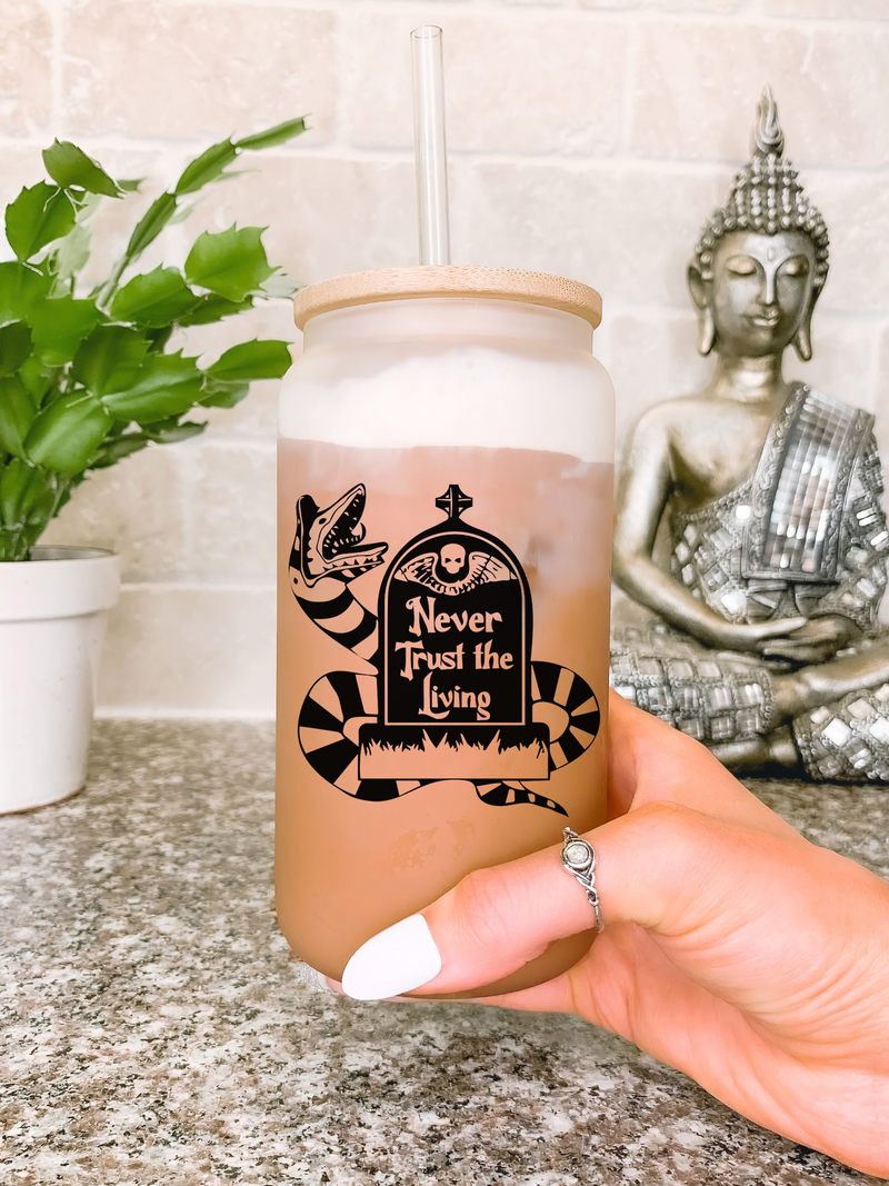 Never Trust The Living Glass Mug Tumbler, Spooky Season Mug, Cute Halloween Gift for Her, Ghost Mugs, Halloween Movie Lover Gift Ideas