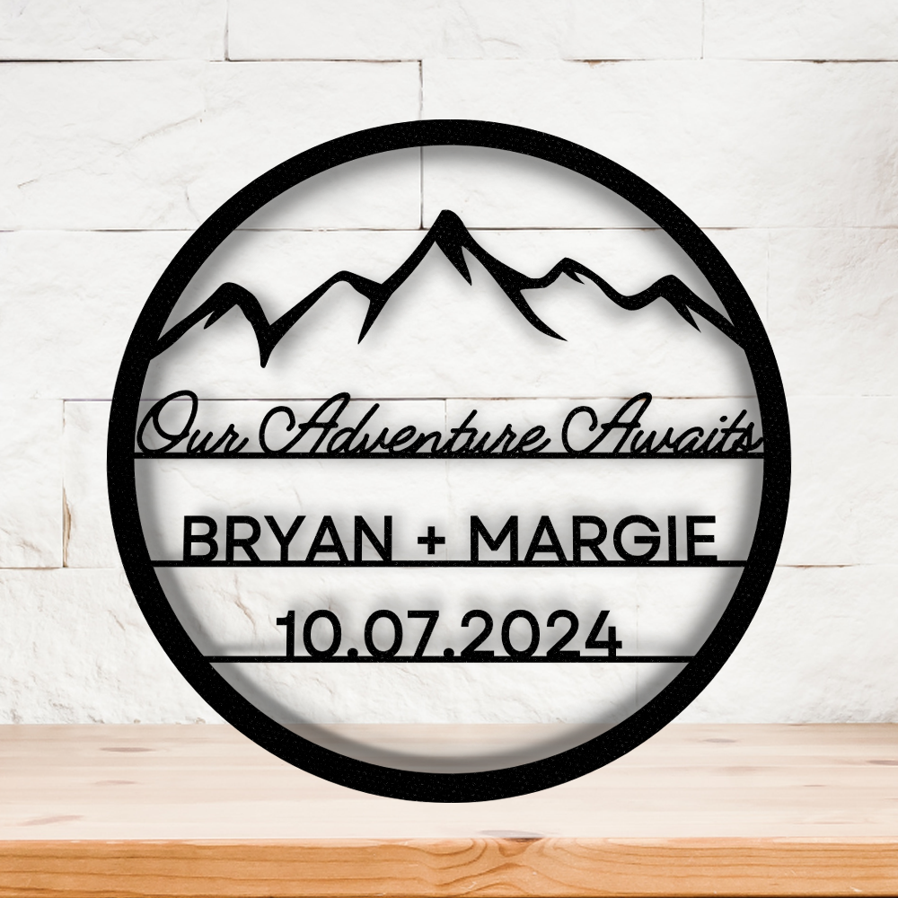 Personalized Our Adventure Awaits Metal Art Wall Sign, Custom Wedding Gift for Couples, Engagement Gift, Mountain Wedding Keepsake