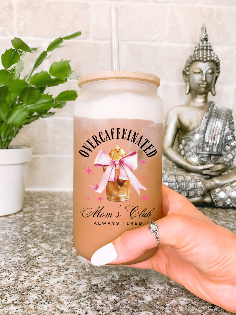 Overcaffeinated Moms Club Glass Mug, Overstimulated Mom Iced Coffee Cup, Funny Mothers Day Gift, Gift for New Mom, Coffee Lover Gift for Her