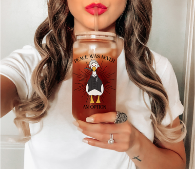 Peace Was Never An Option 16 oz Glass Mug, Goose Astarion Tumbler, Outdoor Adventure, Fantasy and Gaming Mug, Gift for Video Game Lovers