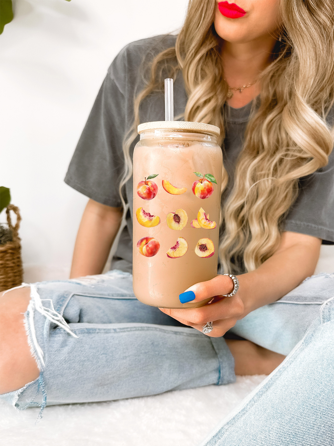 Peach Glass Mug, Graphic Fruit Coffee Cup, Aesthetic Fruit Tumbler, Cute Birthday Gift for Her, Cottagecore Iced Coffee Mug