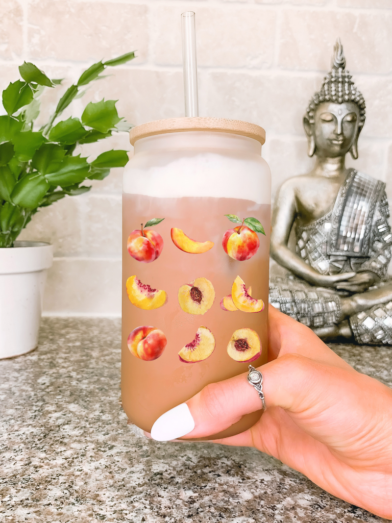 Peach Glass Mug, Graphic Fruit Coffee Cup, Aesthetic Fruit Tumbler, Cute Birthday Gift for Her, Cottagecore Iced Coffee Mug