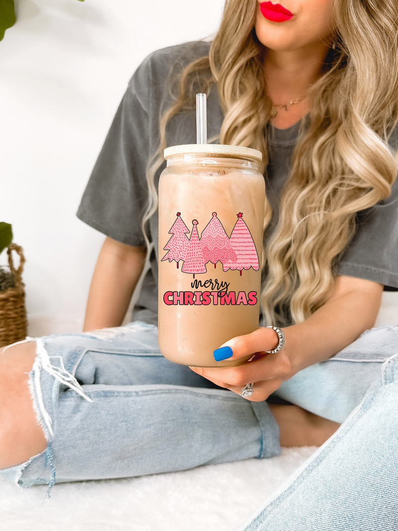 Pink Christmas Tree Glass Mug Tumbler, Cute Pink Christmas Hot Chocolate Mug, Christmas Movie Mug, Sassy Christmas Gifts for Her
