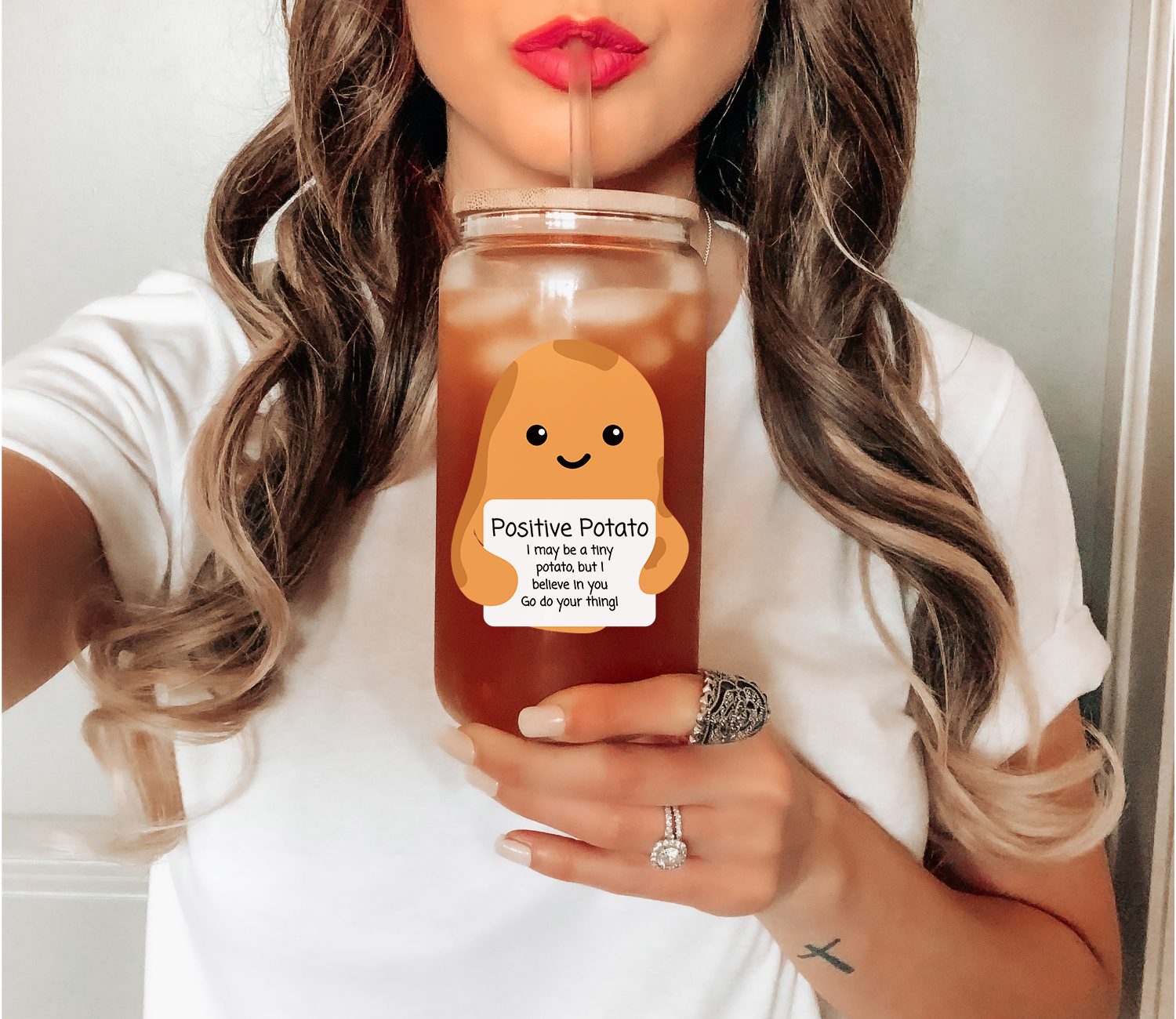 Positive Potato Glass Mug Tumbler, Mental Health Gift for Best Friend, Funny Potato Mug, Cheer Up Gift, Inspirational Emotional Support Cup