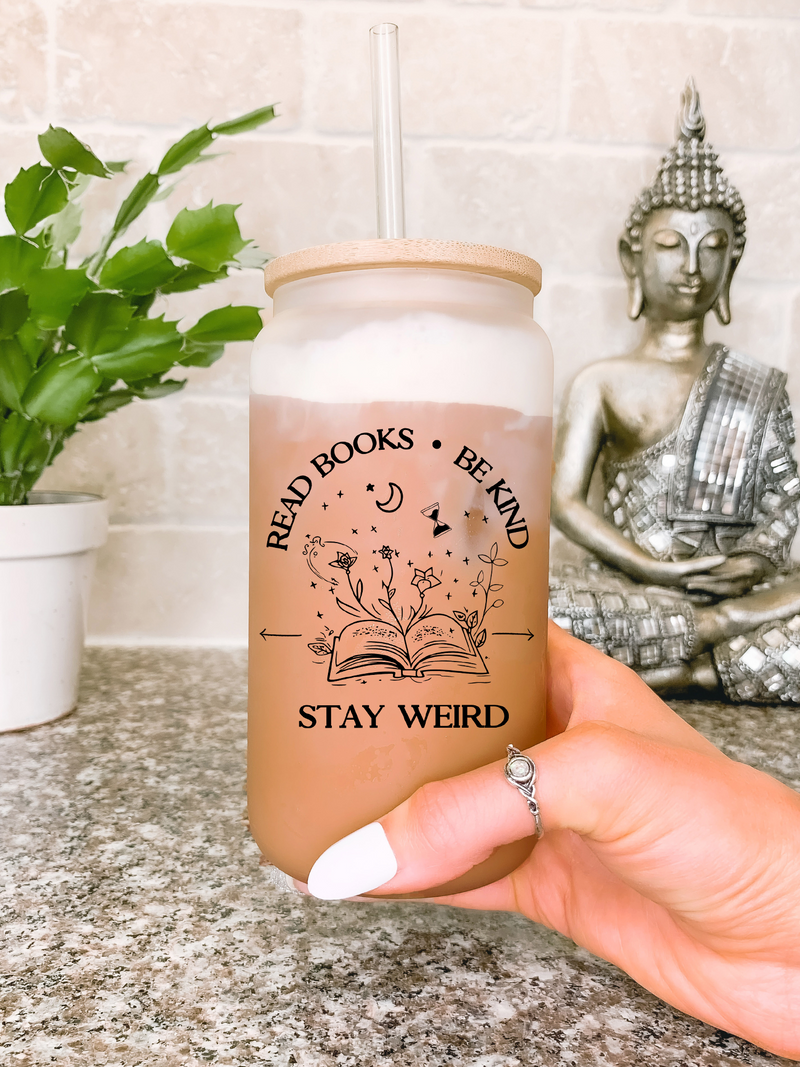 Read Books Be Kind Stay Weird Glass Mug, Book Lover Tumbler, Bookish Birthday Gift Ideas, Bookish Coffee Mug, Teacher Librarian Gifts
