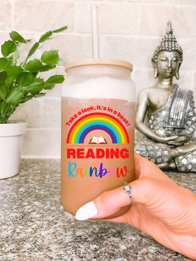 Reading Rainbow Glass Mug, Retro Librarian Tumbler, Teacher Appreciation Travel Mug, Book Lover Gift for Her, Bookworm Bookish Birthday Gift
