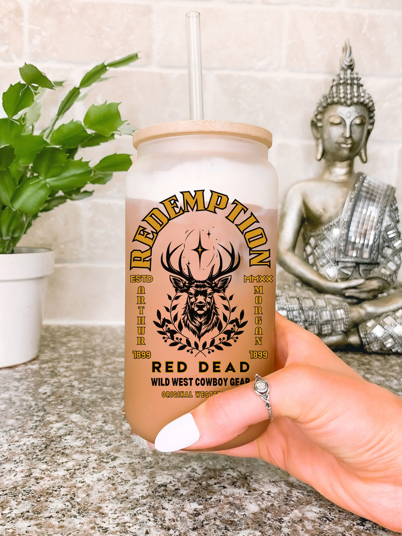 Retro Red Dead Redemption 16 oz Glass Mug, Arthur Morgan High Honor Deer Path Mug, Video Games Lover Tumbler, Western Cowboy Quote