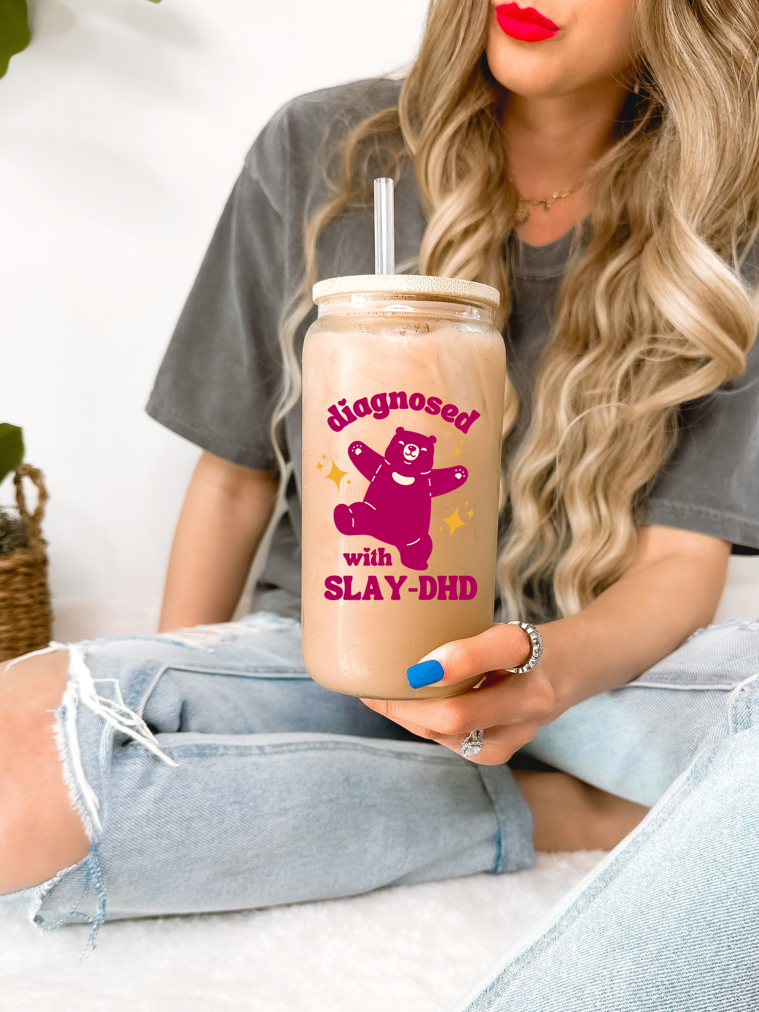Diagnosed With Slay-DHD Glass Mug, Funny ADHD Tumbler, Mental Health Cartoon Bear Travel Mug, Depression Mug, Neurodivergent, Gift for Her