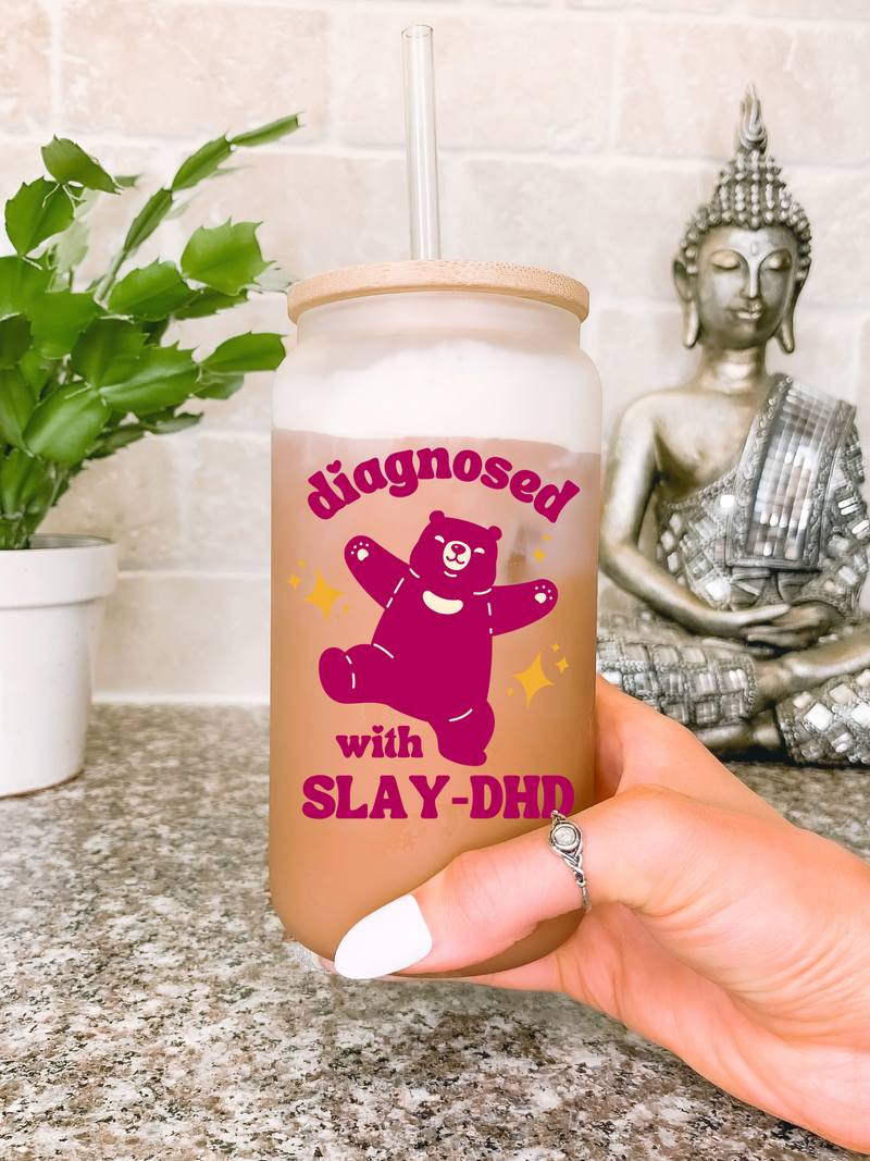 Diagnosed With Slay-DHD Glass Mug, Funny ADHD Tumbler, Mental Health Cartoon Bear Travel Mug, Depression Mug, Neurodivergent, Gift for Her