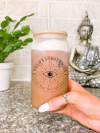 Lobotomy at Volo's 16 oz Glass Mug, Baldur's Gate Travel Mug, Gamer Tumbler, Birthday Gift for Best Friend, Geek Coffee Mug