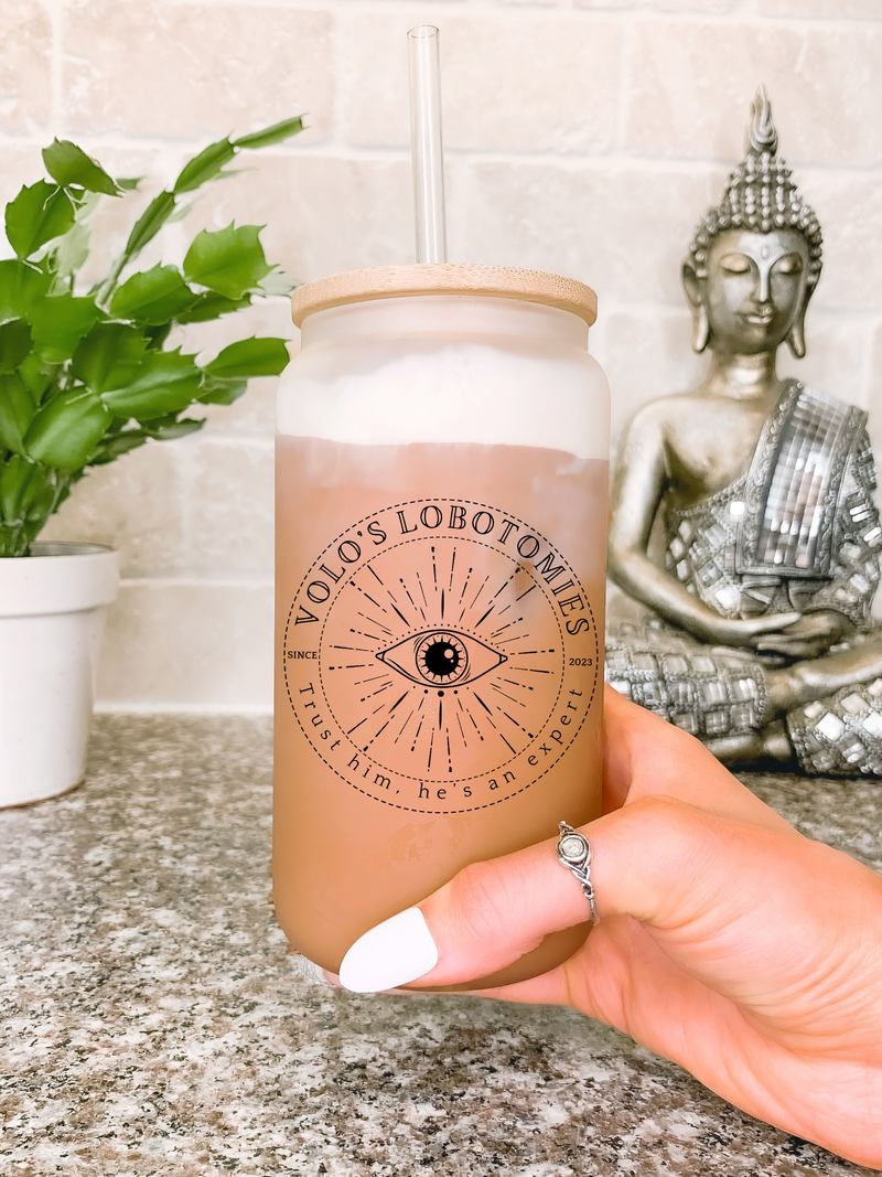 Lobotomy at Volo's 16 oz Glass Mug, Baldur's Gate Travel Mug, Gamer Tumbler, Birthday Gift for Best Friend, Geek Coffee Mug